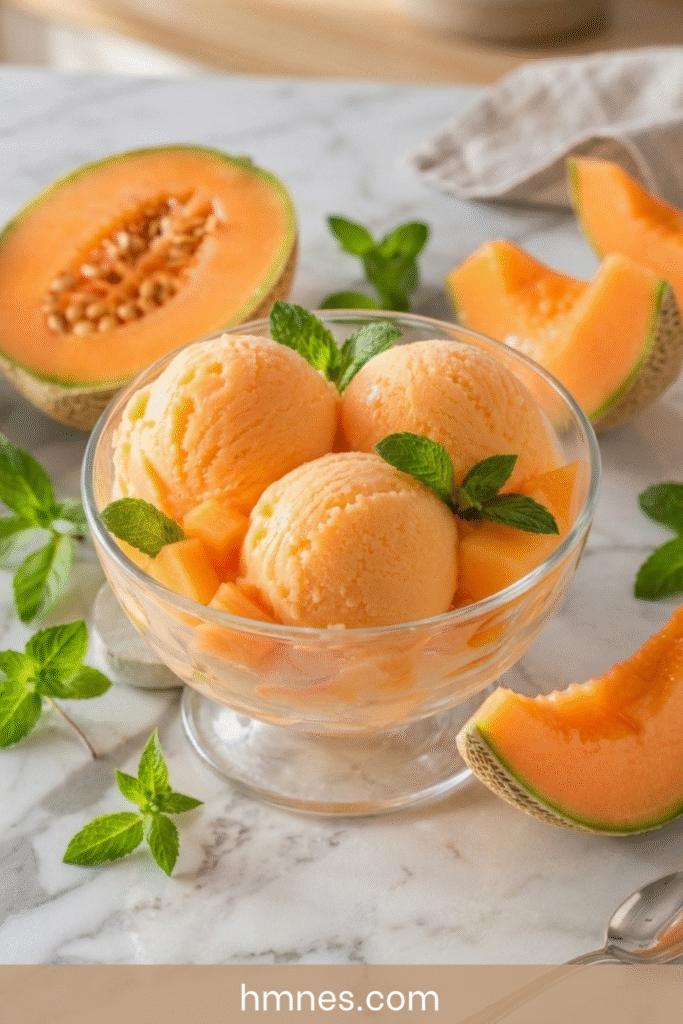 : glace melon sans sorbetière servie en boules très crémeuses