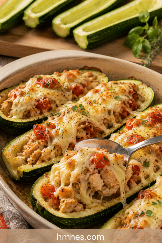 Courgettes farcies au poulet gratinées à la mozzarella