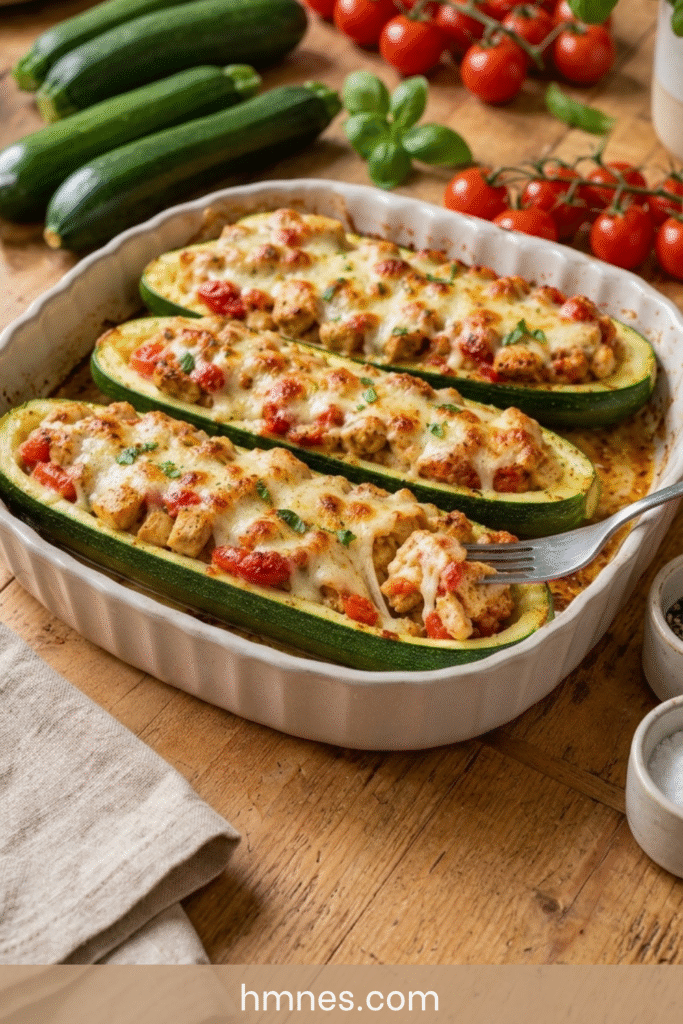 Courgettes farcies au poulet gratinées à la mozzarella