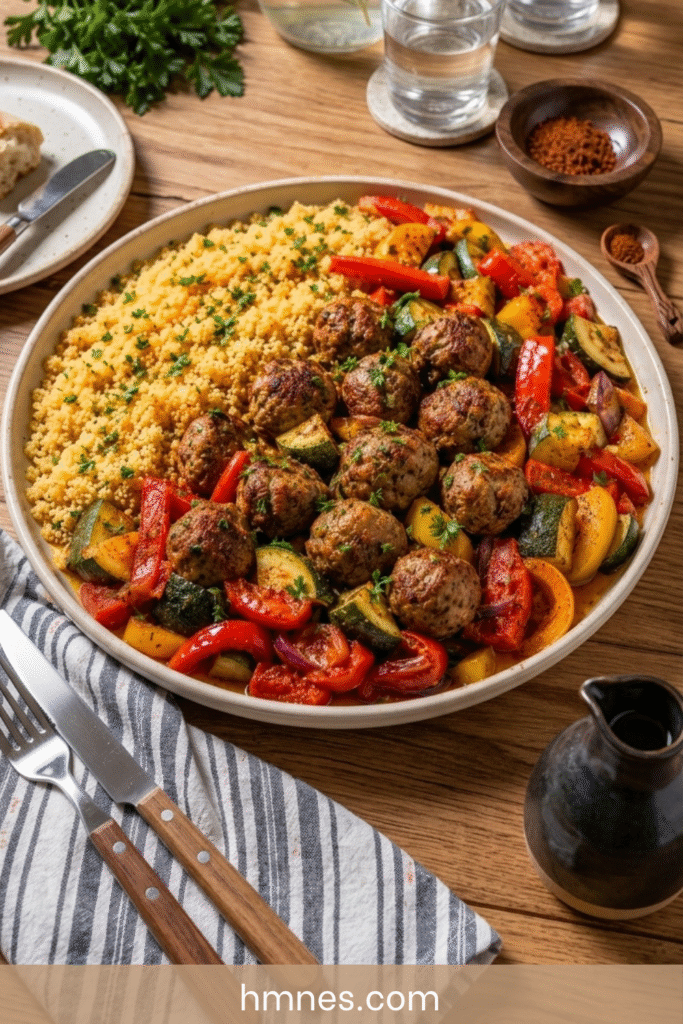 Boulettes semoule servies avec des légumes rôtis colorés