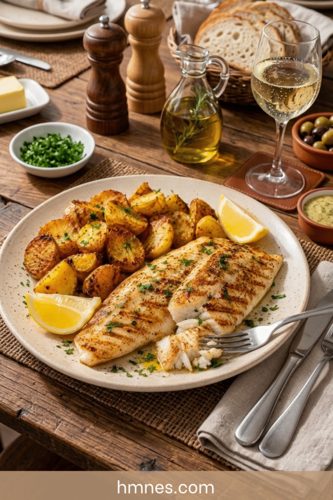 Poisson grillé servi avec des pommes de terre dorées
