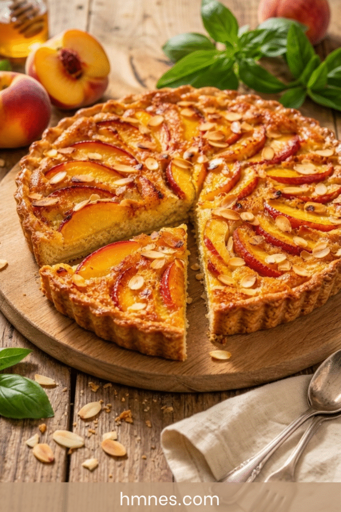 Tarte pêches aux amandes avec une part fondante découpée