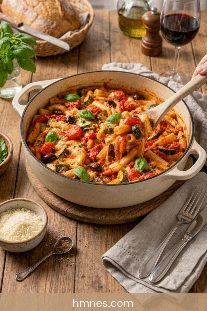 One-pot pasta méditerranéen crémeux aux légumes d’été
