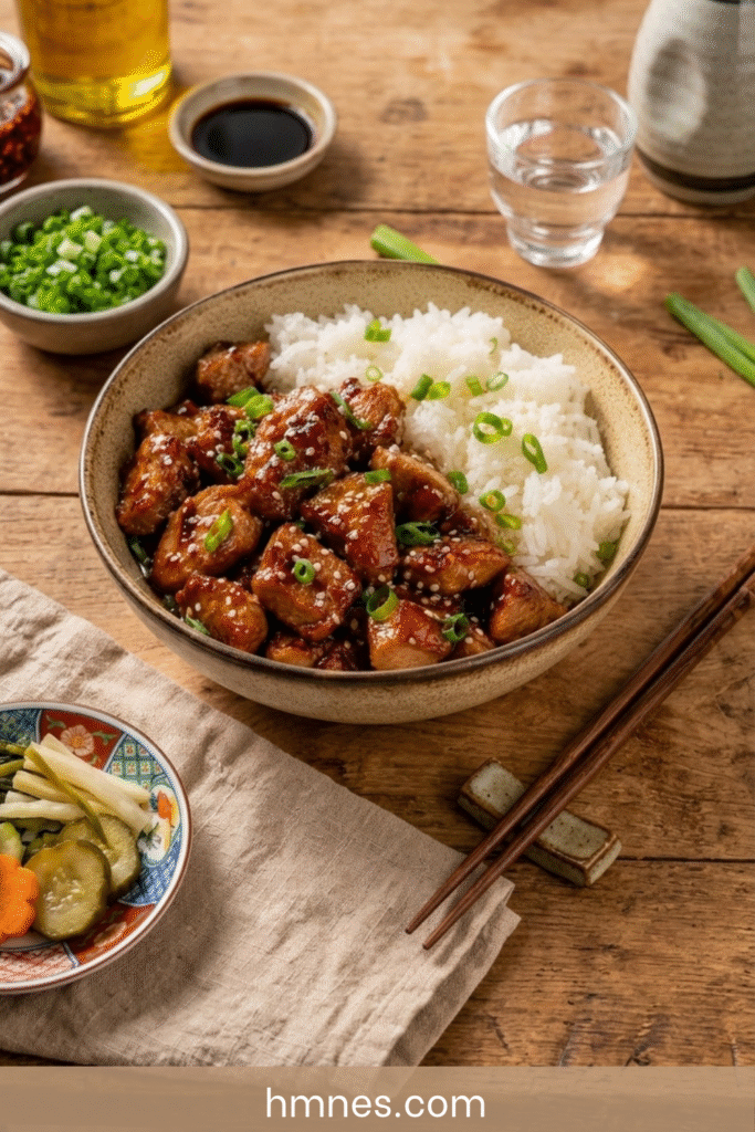 Porc caramélisé tendre avec sauce brillante et riz