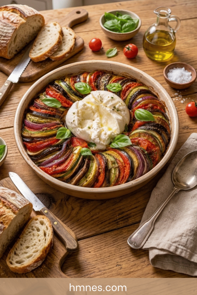 Tian légumes d’été avec burrata crémeuse et basilic