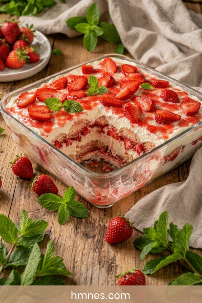 Tiramisu fraises avec crème au mascarpone et coulis