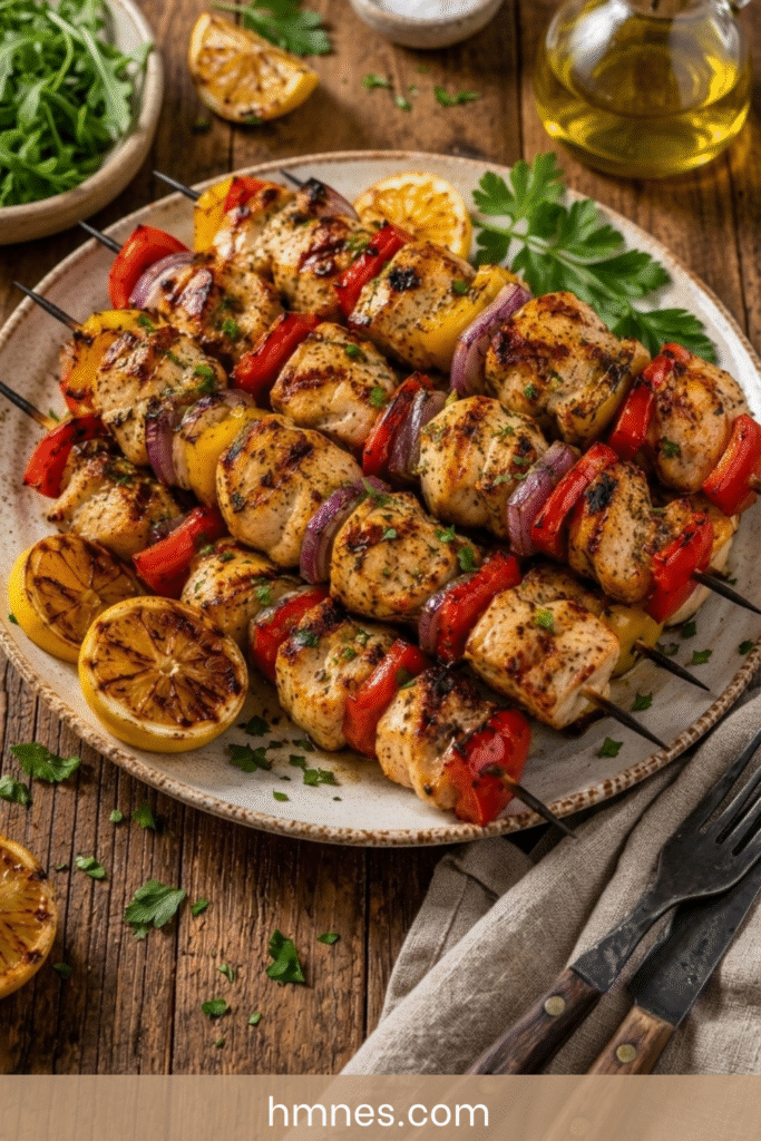 Brochettes poulet au citron avec poivrons grillés