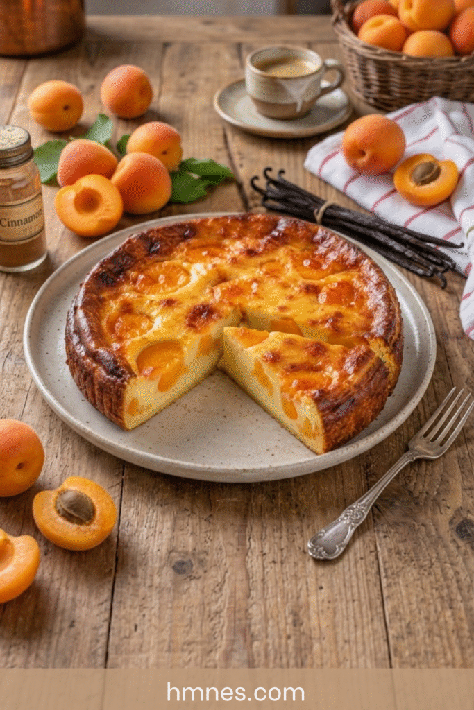 Flan abricots fondant à la vanille avec une part découpée