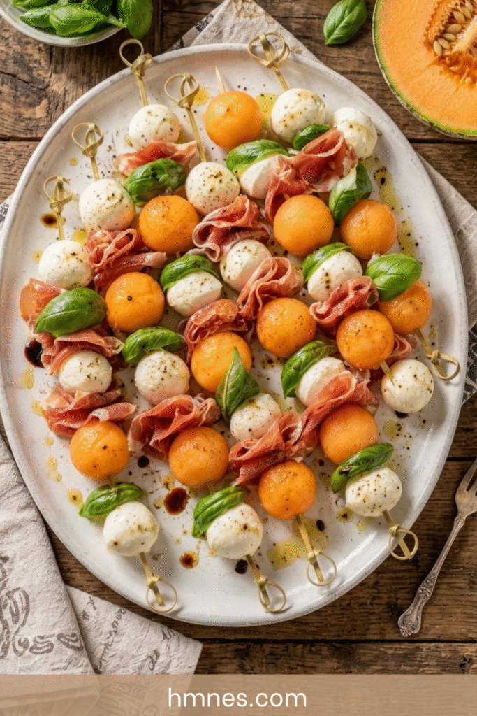 Brochettes de melon au jambon cru et à la mozzarella
