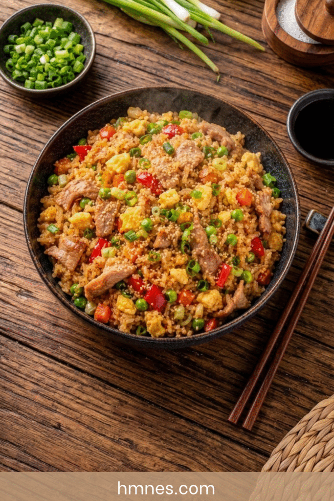 Riz sauté au porc avec œufs et légumes colorés