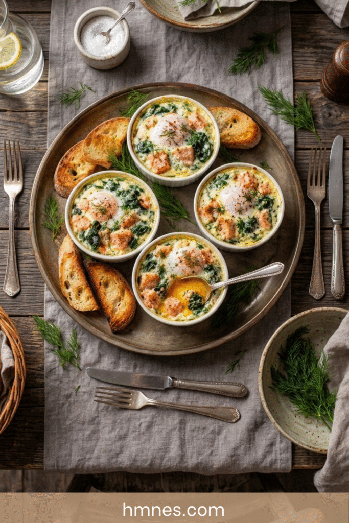 Œufs cocotte aux épinards et au saumon avec jaune coulant