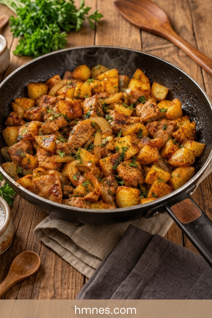 Poêlée de porc avec pommes de terre dorées et persil