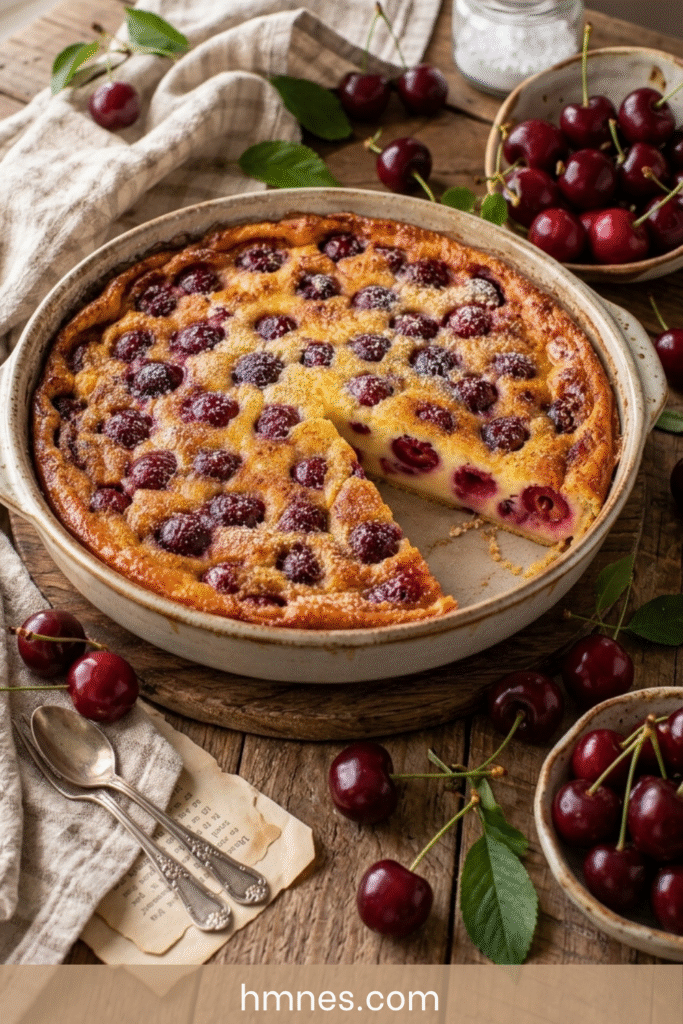 Clafoutis aux cerises fondant avec une part découpée