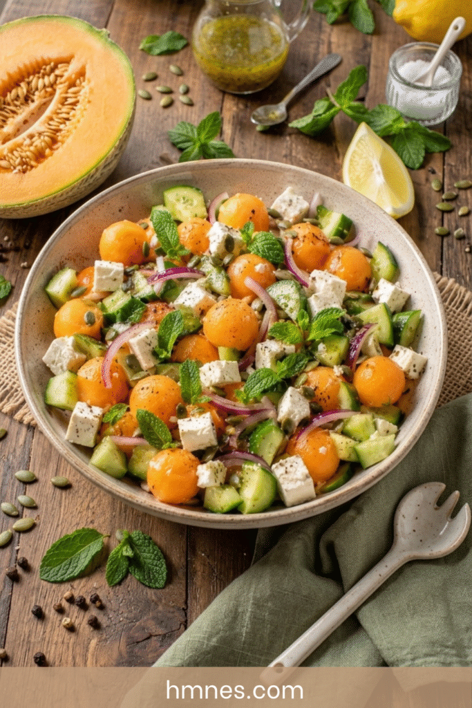 Salade melon-feta , concombre et menthe fraîche
