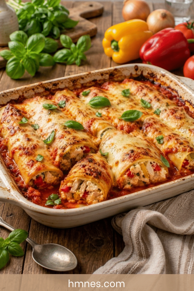Cannellonis au poulet et poivrons gratinés à la mozzarella