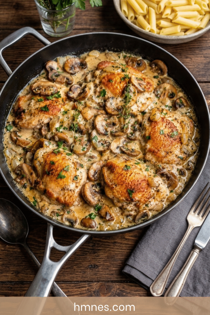 Poulet crémeux aux champignons servi dans une poêle