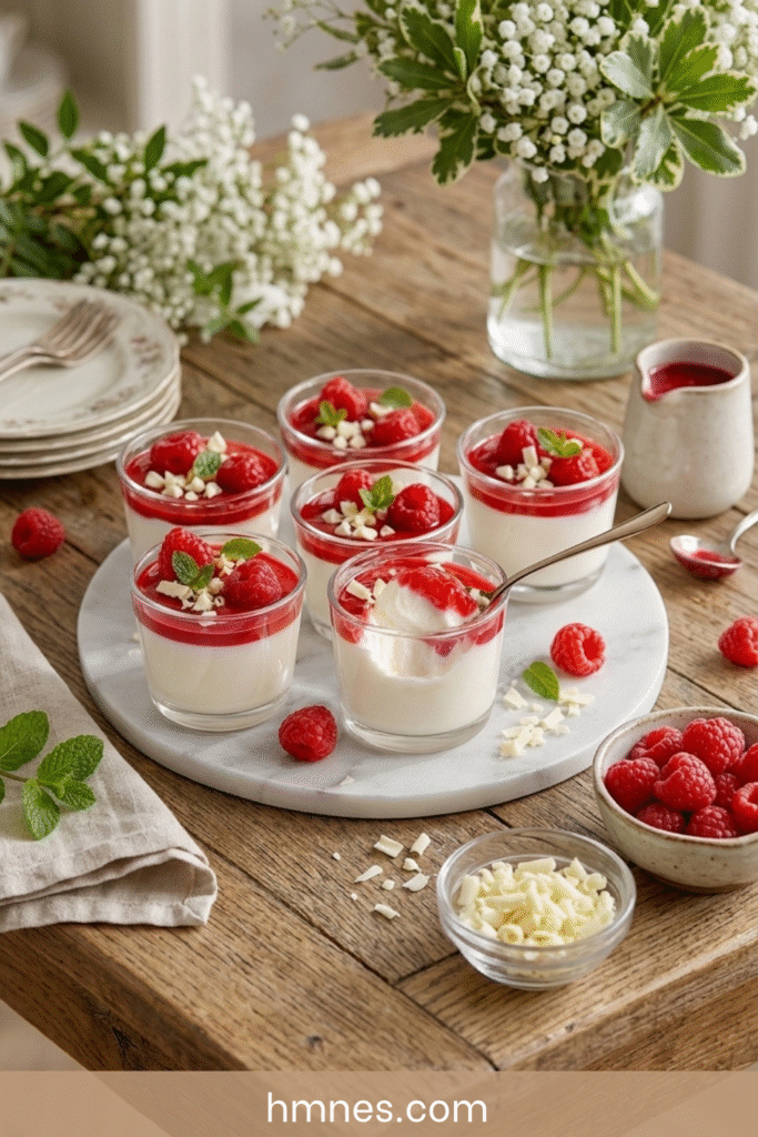 Panna cotta à la framboise servie dans des verrines