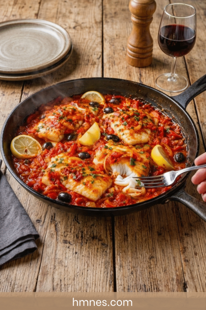 Filets de poisson blanc dans une sauce tomate aux olives