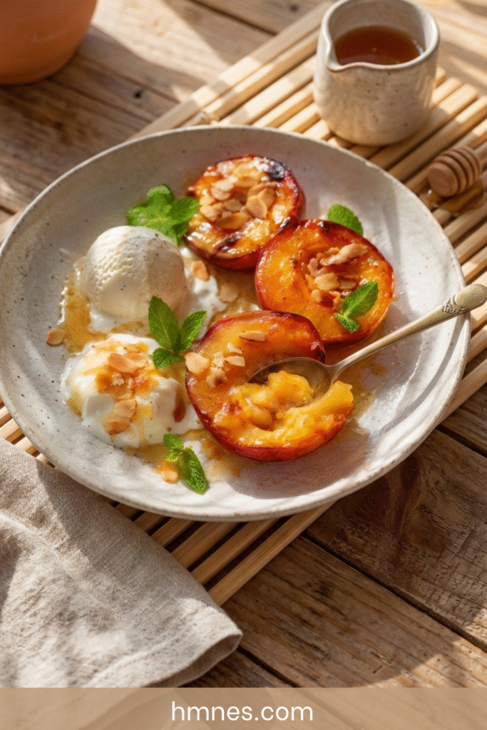 Nectarines rôties au miel avec glace à la vanille