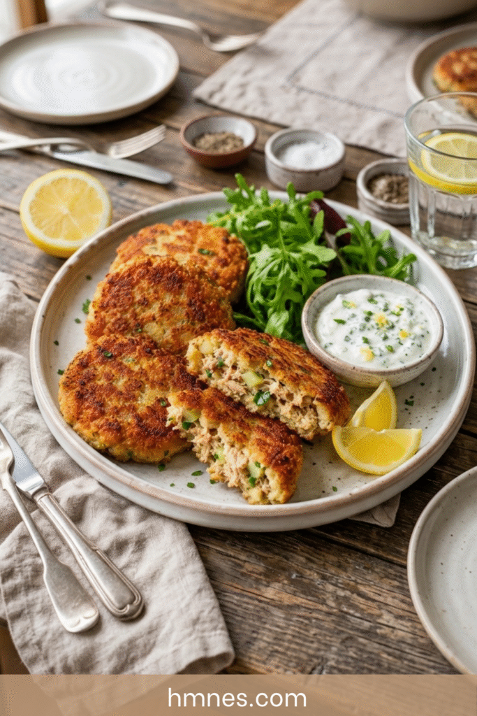 Galettes de thon dorées avec sauce au yaourt