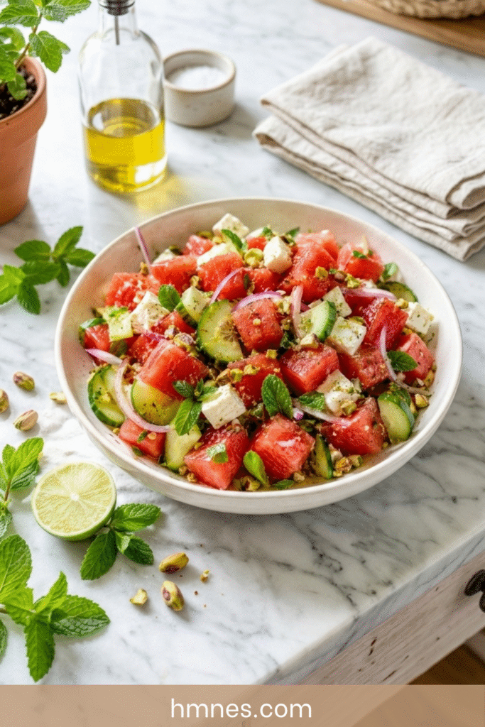 Salade pastèque feta avec concombre et menthe