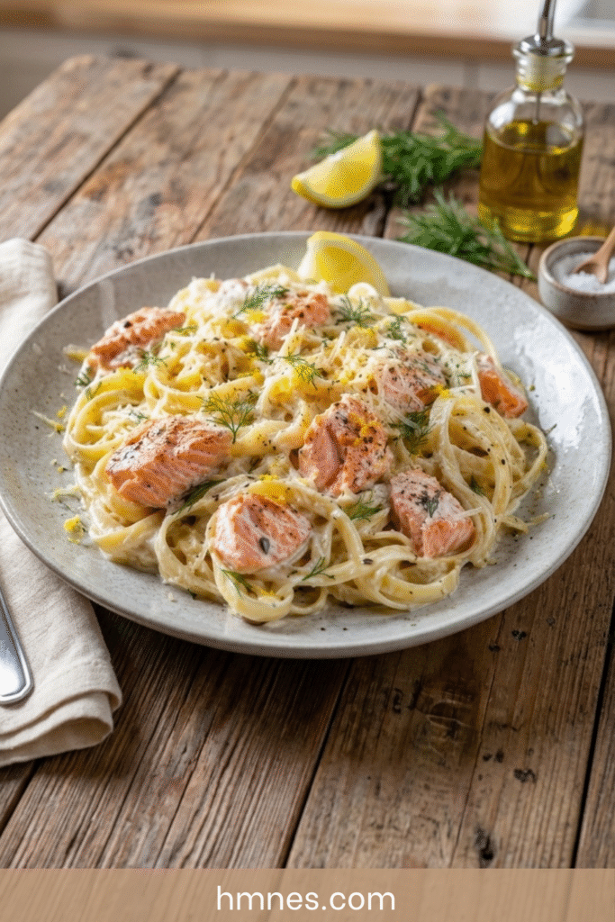 Pâtes crémeuses au saumon avec citron et aneth