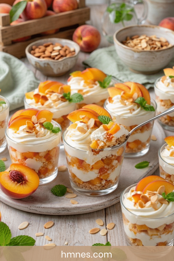 Verrines pêche mascarpone avec biscuits et amandes