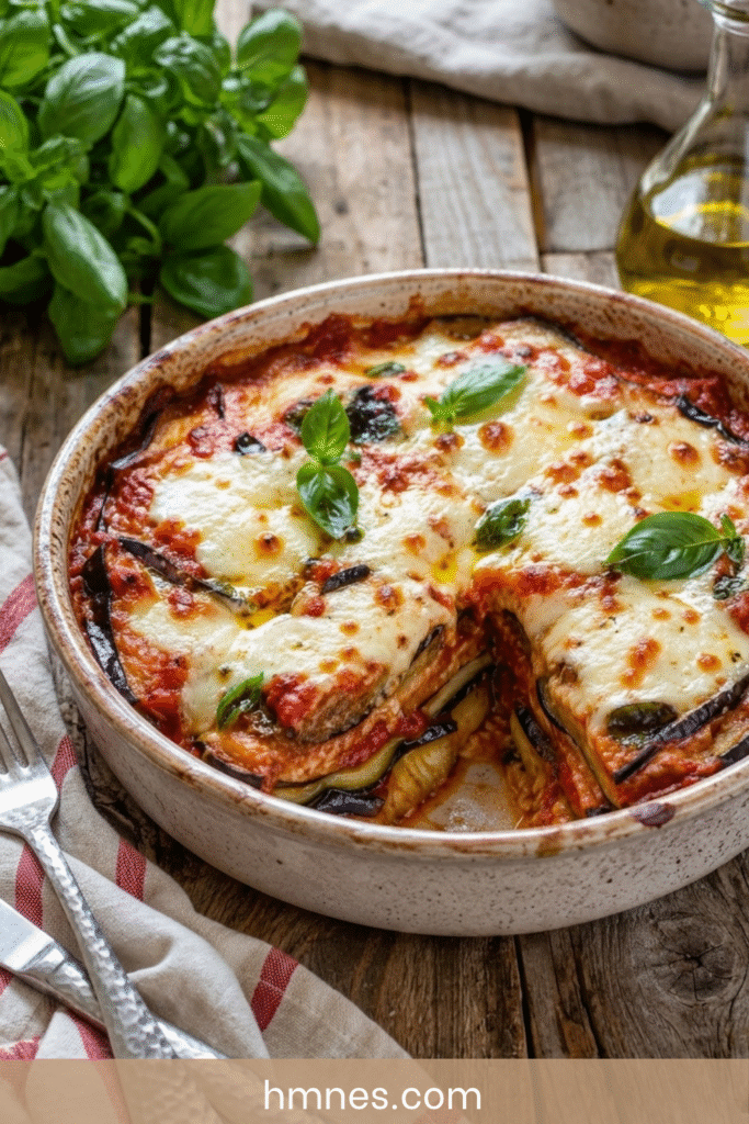 Gratin d’aubergines à la mozzarella avec sauce tomate, fromage fondu, basilic frais et surface dorée