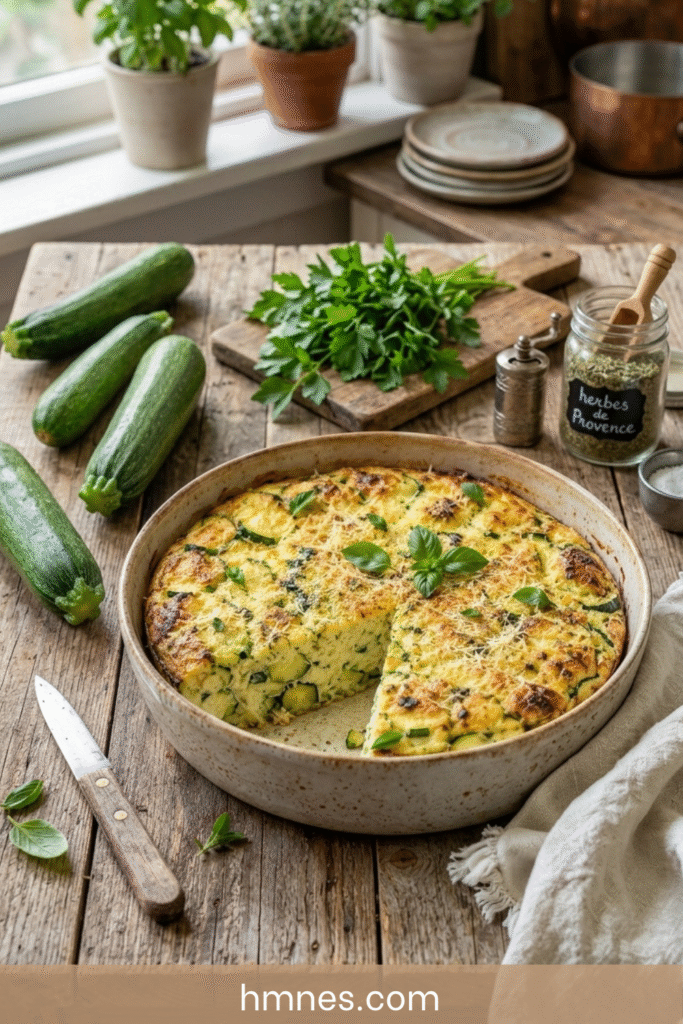 Flan courgette parmesan doré avec courgettes fondantes, parmesan râpé, herbes fraîches et texture moelleuse