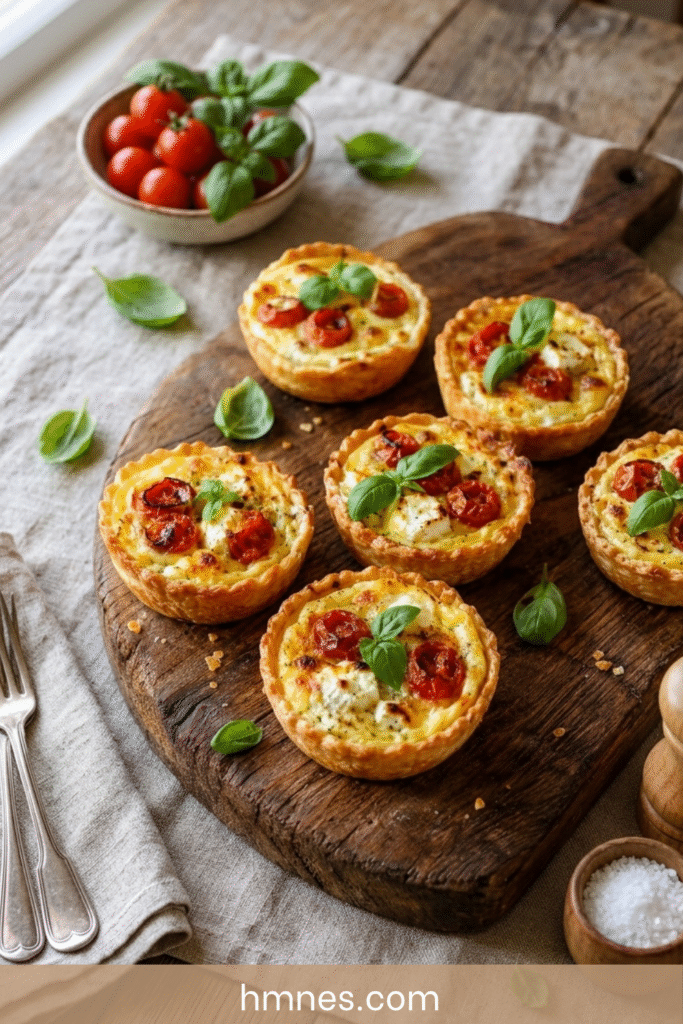 Mini quiches tomate chèvre dorées avec tomates cerises, fromage de chèvre fondant, basilic frais et pâte croustillante