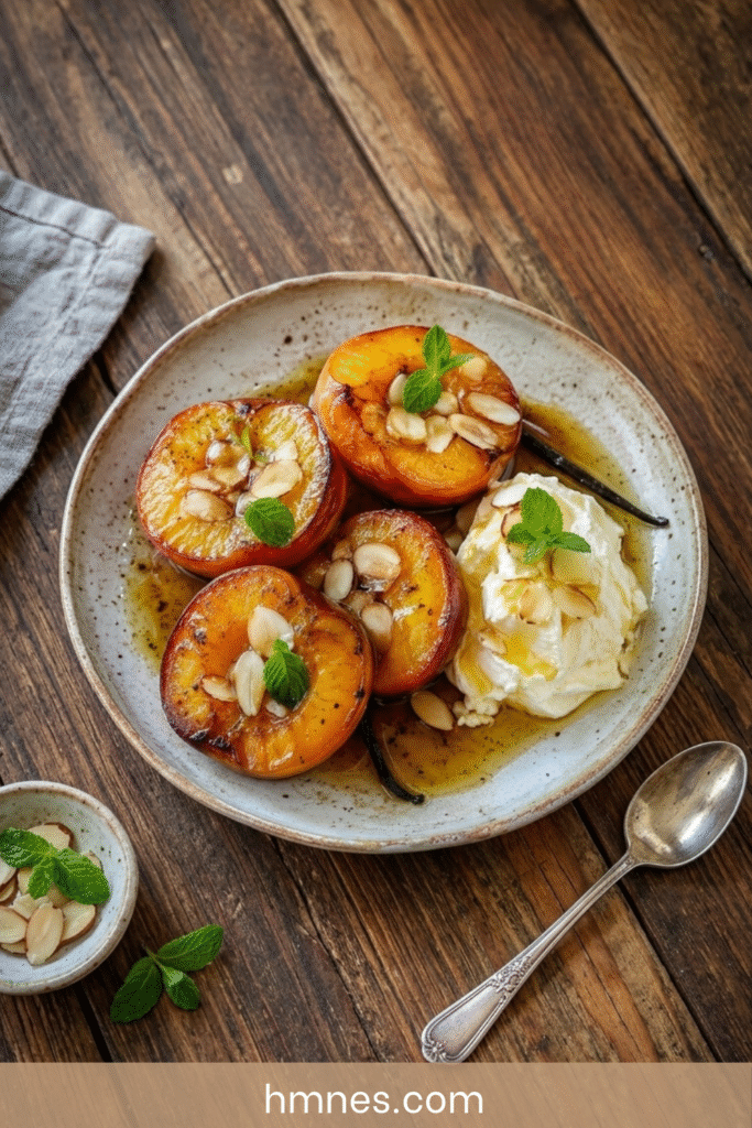 Pêches rôties au miel avec mascarpone crémeux, amandes effilées dorées et jus caramélisé