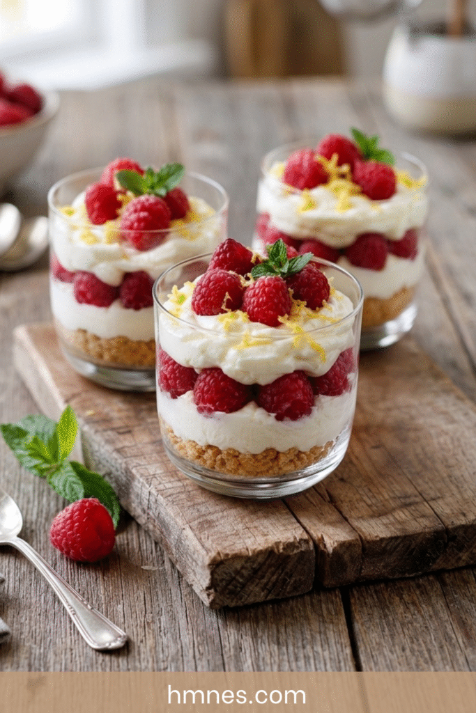 Verrines framboise citron mascarpone avec crème onctueuse, framboises fraîches, zeste de citron et base biscuitée