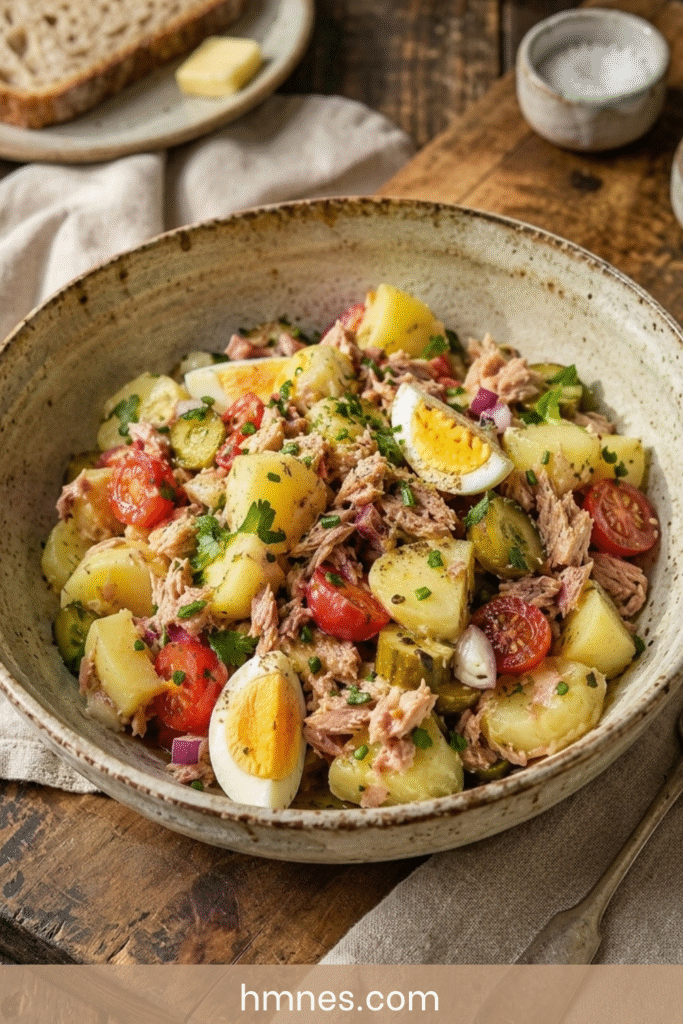 Salade pommes de terre thon œufs avec tomates, cornichons, herbes fraîches et vinaigrette maison