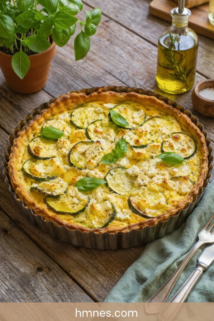 Tarte courgette feta basilic avec pâte dorée, rondelles de courgettes, feta émiettée et basilic frais