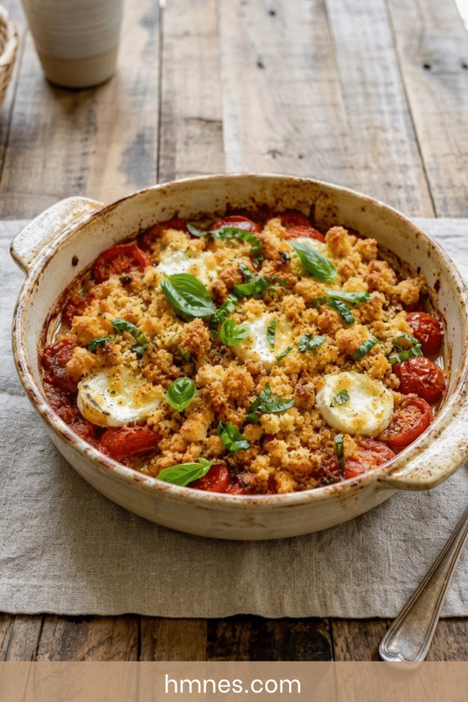 Crumble salé aux tomates, chèvre fondant, basilic frais et pâte croustillante dorée