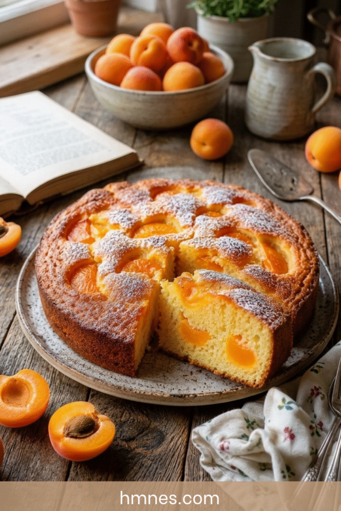 Gâteau yaourt aux abricots moelleux avec morceaux d’abricots fondants, surface dorée et sucre glac