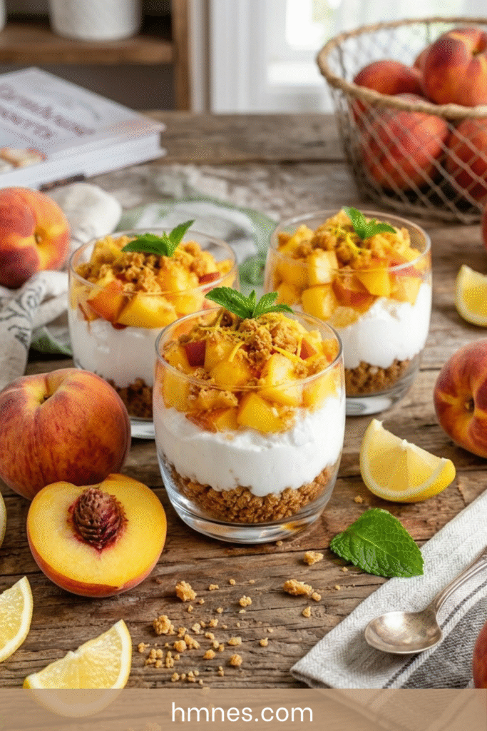 Verrines aux pêches, fromage blanc crémeux et spéculoos émiettés avec morceaux de fruits frais