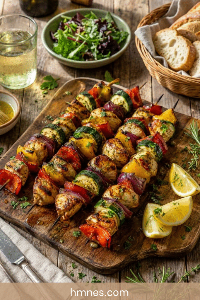 Brochettes de poulet avec courgette et poivron grillés, herbes fraîches et marinade citronnée