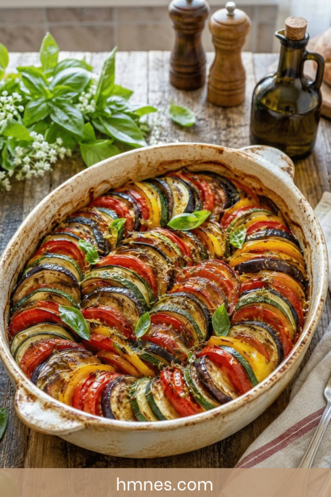 Ratatouille au four façon gratin avec courgettes, aubergines, tomates, poivrons, herbes de Provence et surface dorée