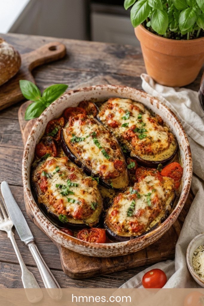Aubergines farcies au thon, tomates et mozzarella gratinées servies dans un plat rustique avec basilic frais.