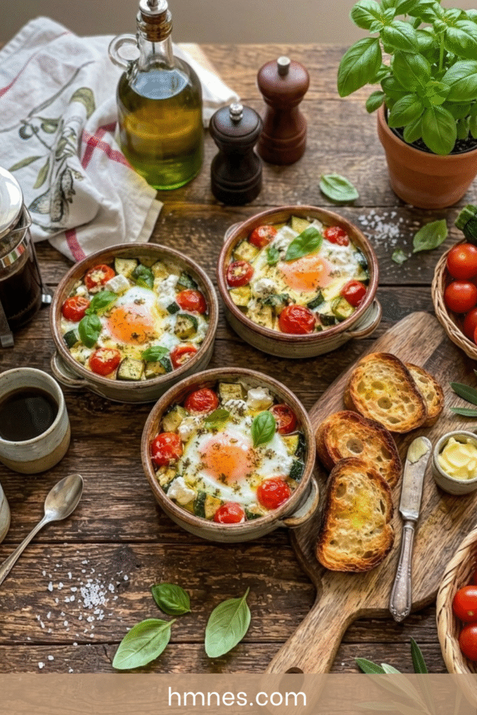 Œufs cocotte courgettes, tomates cerises et chèvre frais servis dans des ramequins rustiques avec basilic frais et pain grillé.