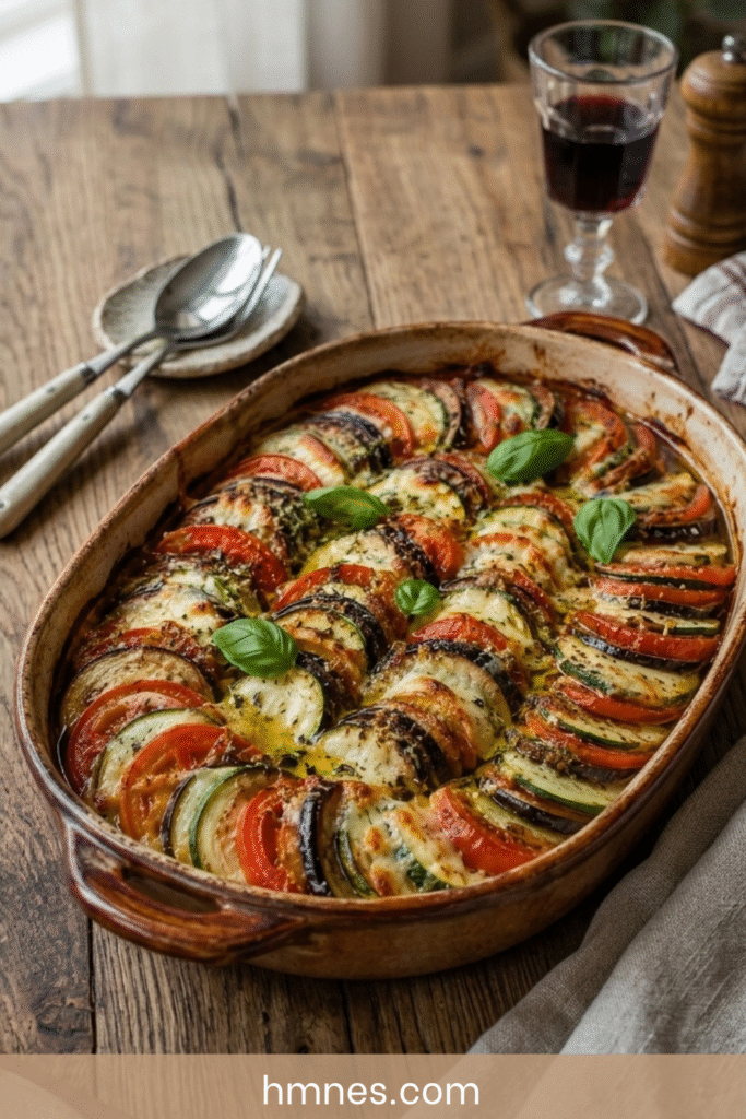 Tian provençal courgettes, tomates, aubergines et mozzarella gratinée dans un plat rustique avec basilic frais.