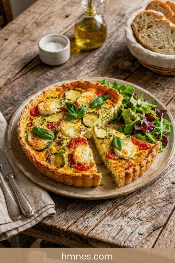 Quiche courgettes tomates et chèvre frais dorée servie sur une table rustique avec basilic frais et salade verte.
