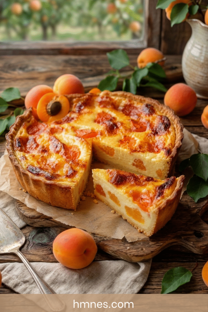 Flan pâtissier abricots et vanille bien doré avec crème fondante, morceaux d’abricots et pâte croustillante sur table rustique.