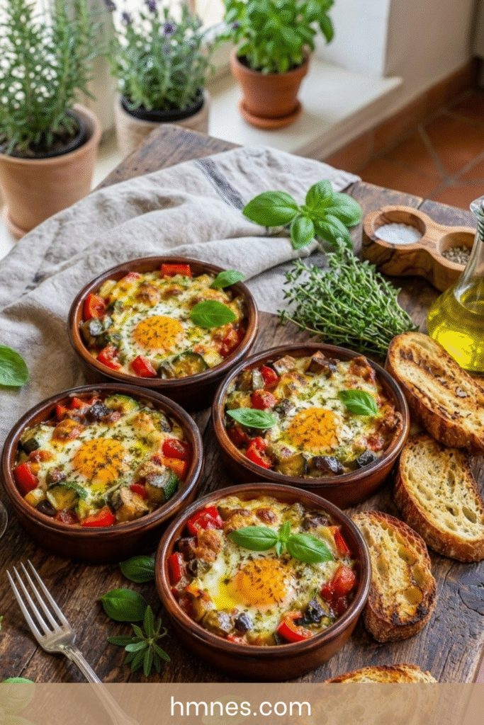 Œufs cocotte ratatouille et mozzarella servis dans des ramequins rustiques avec courgettes, tomates, aubergines et basilic frais.
