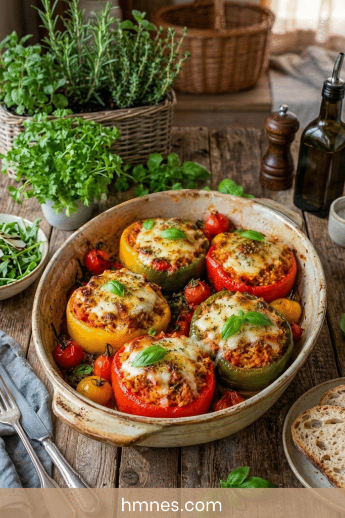 Poivrons farcis au riz, tomates et mozzarella gratinée dans un plat rustique avec basilic frais.