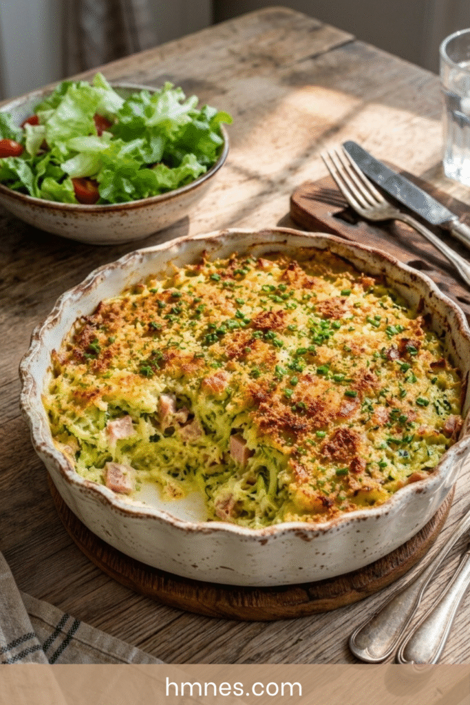 Gratin courgettes jambon et parmesan doré au four dans un plat rustique avec courgettes râpées fondantes et salade verte.