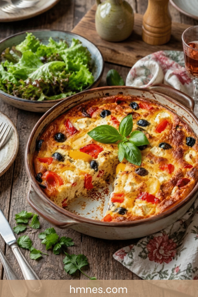 Clafoutis salé poivrons, feta et olives servi dans un plat rustique avec basilic frais et texture moelleuse dorée au four.
