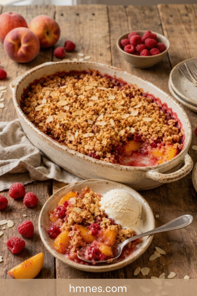 Crumble pêches framboises aux amandes doré au four avec fruits fondants, pâte croustillante et boule de glace vanille.