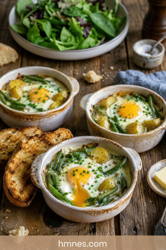 Œufs cocotte haricots verts, pommes de terre nouvelles et crème ciboulette servis dans des ramequins rustiques.